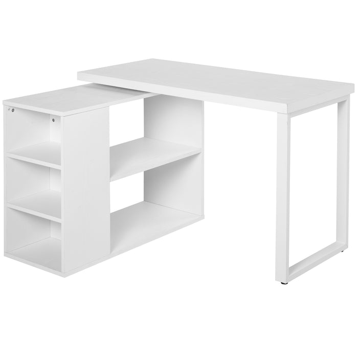 L-Shaped Corner Workstation - Rotating Storage Shelf and Large Computer Desk with White Wood Grain Finish - Ideal for Home Office and Efficient Space Use