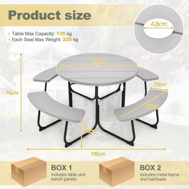 Picnic Table Bench Set - 8-Person Round Table with Four Benches and Umbrella Hole in Black - Ideal for Outdoor Dining and Social Events