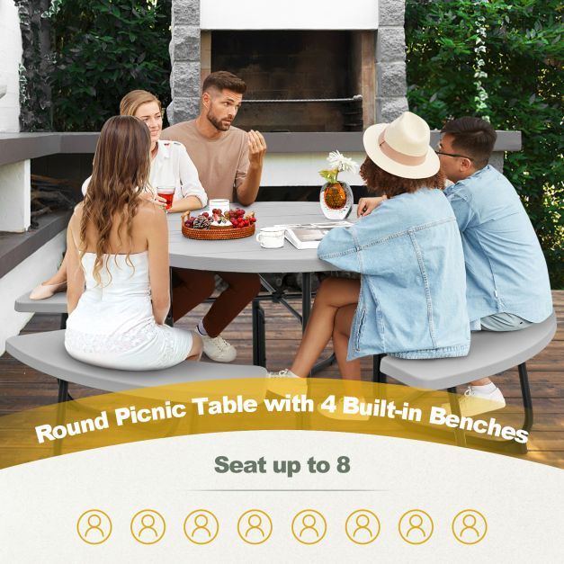 Picnic Table Bench Set - 8-Person Round Table with Four Benches and Umbrella Hole in Black - Ideal for Outdoor Dining and Social Events
