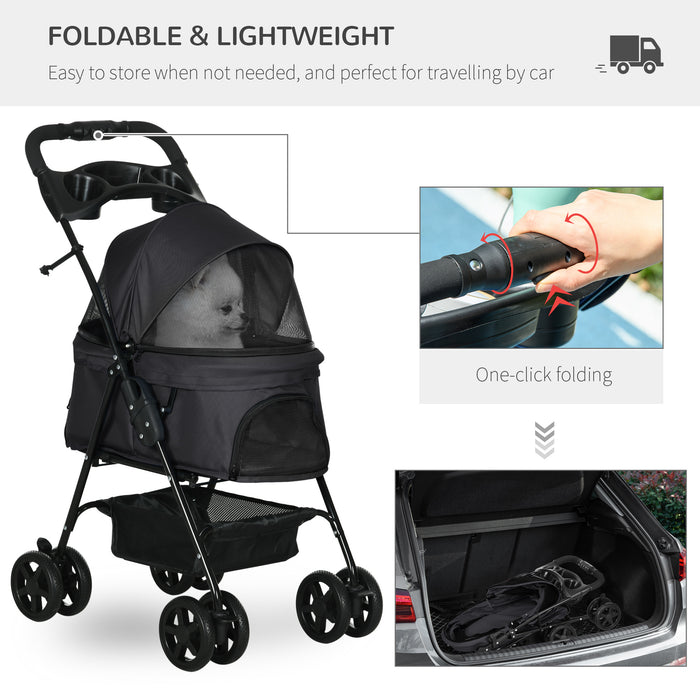 Foldable Pet Stroller for Cats & Dogs - 4-Wheeled Travel Carriage with Adjustable Canopy & Safety Features - Includes Storage Basket and Cup Holder for Pet Parents on the Go