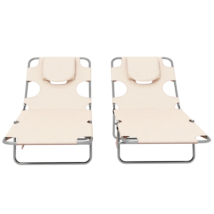 Foldable Beach Chaise Lounge Twin Pack with Reading Hole - Adjustable 5-Position Backrest, Arm Slots & Side Pocket - Perfect for Patio, Garden, Poolside Relaxation, Beige