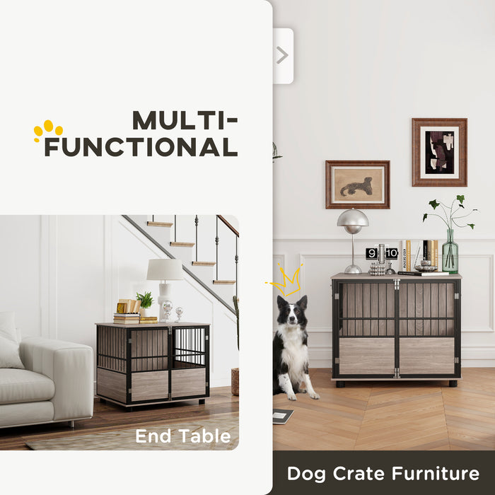 Large Indoor Dog Crate End Table with Stylish Furniture Design - 80cm, 3 Access Doors, Soft Washable Cushion - Perfect for Large Sized Dogs & Home Decor Integration