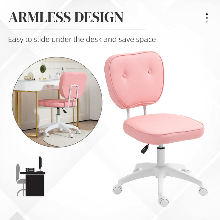 Vanity Office Chair - PU Leather Armless Computer Chair with Adjustable Height and Swivel Wheels - Perfect for Home Office Comfort in Pink