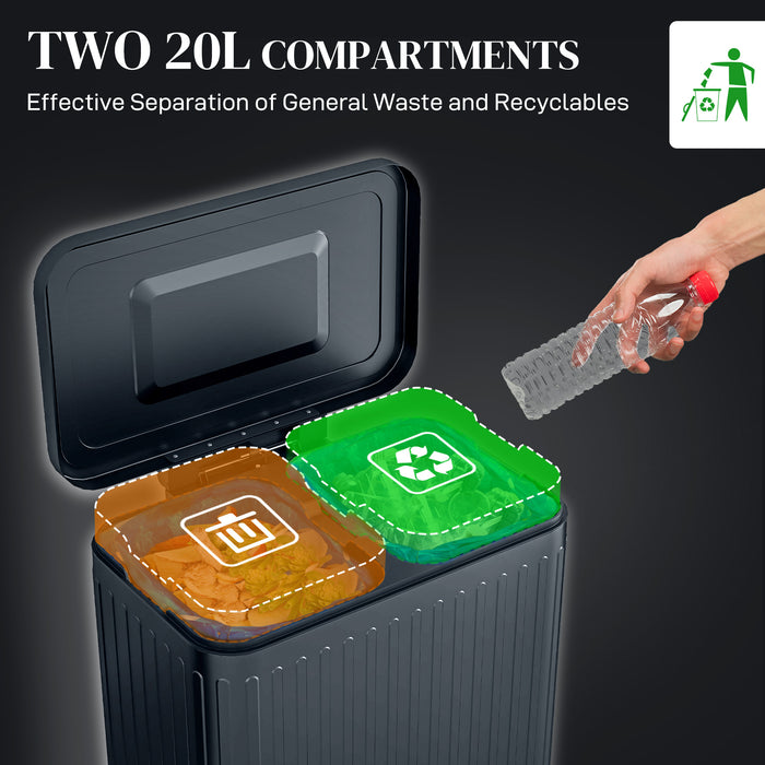 Dual 40L Kitchen Recycling & Waste Bin - Fingerprint-Proof Pedal Operation, Soft-Close Lid, Twin 20L Compartments - Ideal for Efficient Home Waste Management