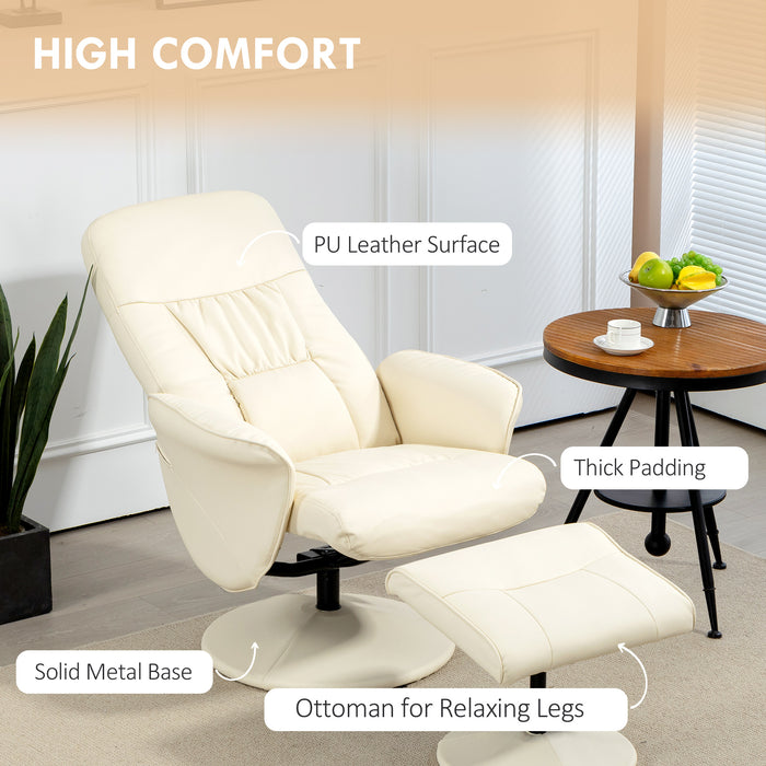 Swivel Recliner Chair & Ottoman Set - High Back PU Leather Lounge Armchair with Round Base - Comfortable Seating for Living Room, Cream White