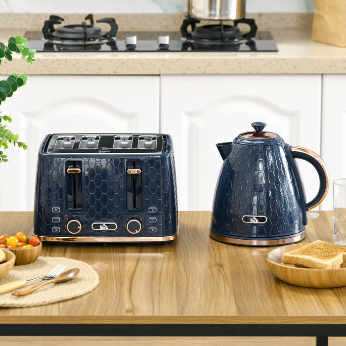 Blue Kitchen Appliance Combo - 1.7L Rapid Boil Electric Kettle & 4 Slice Toaster with Variable Browning - Auto Shut-Off & Easy Clean Crumb Tray