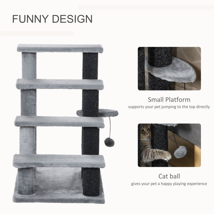 4-Step Pet Stairs with Built-In Scratching Posts - Multi-Level Platforms & Playful Toy Ball - Ideal for Cats Climbing, Scratching, and Playtime