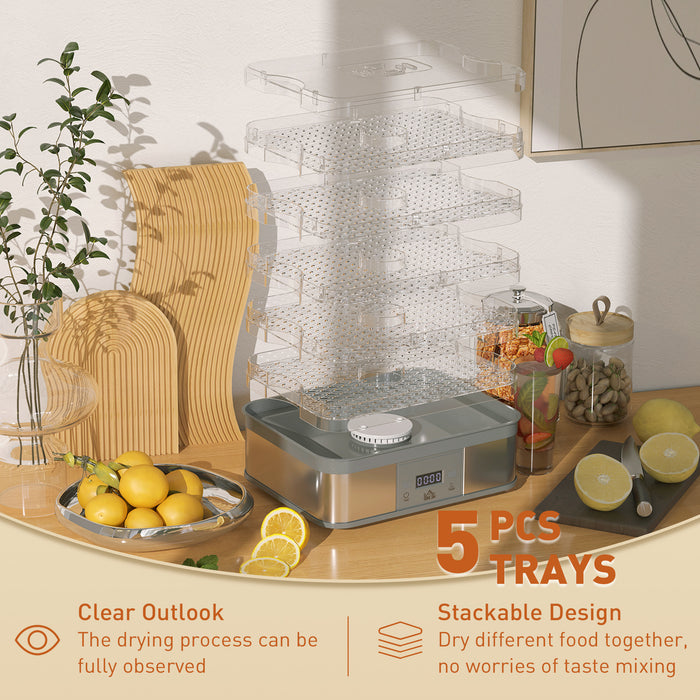 Stainless Steel 5-Tier Food Dehydrator - 245W with Temperature Control, Timer, LCD Display - Ideal for Drying Fruits, Meats, Vegetables, Jerky, Pet Treats