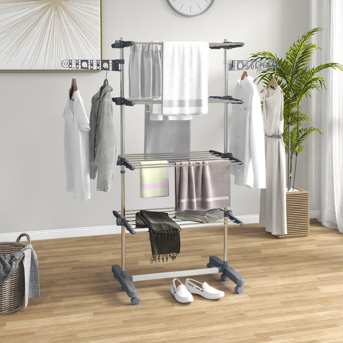 4-Tier Clothes Airer with Wheels and Wings - Foldable, Stainless Steel Indoor/Outdoor Clothes Drying Rack - Space-Saving Design for Easy Laundry Management