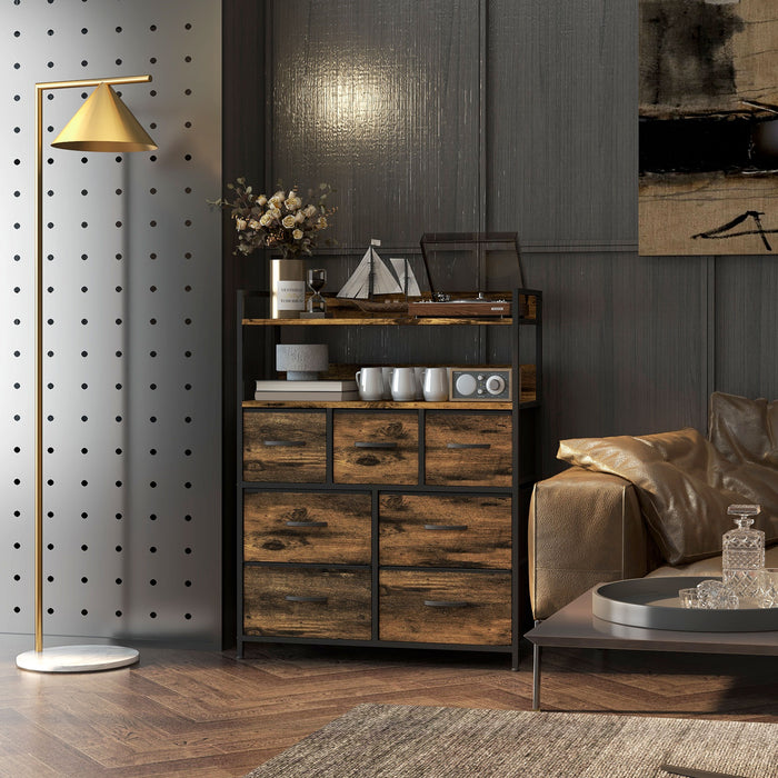 Rustic-Style Storage Unit with 7 Fabric Drawers - Vintage Brown Wood Effect Finish - Ideal for Bedroom Organization