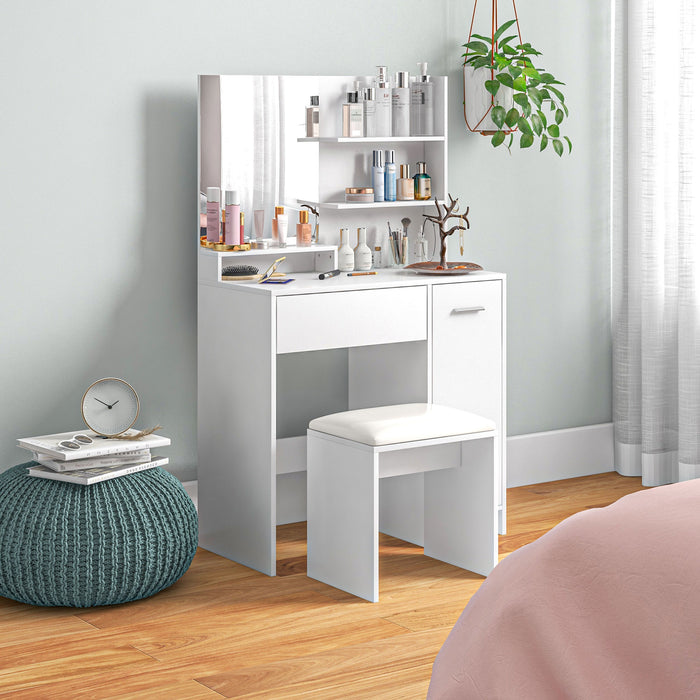 Vanity Makeup Desk with Mirror and Stool - Modern Bedroom Dressing Table with Drawer, Storage Cabinet, and Adjustable Shelf - Elegant White Furniture for Personal Grooming Space