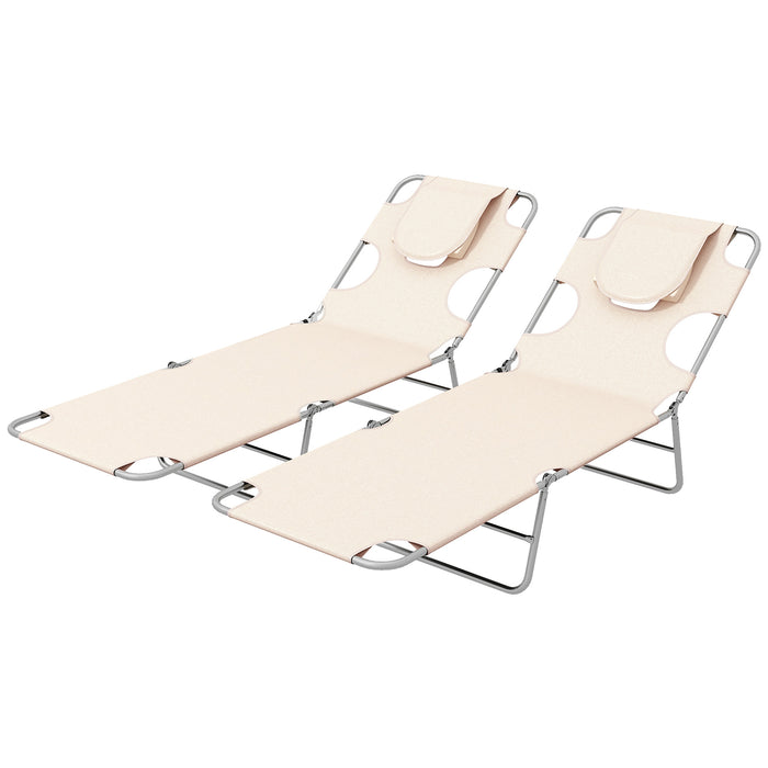 Foldable Beach Chaise Lounge Twin Pack with Reading Hole - Adjustable 5-Position Backrest, Arm Slots & Side Pocket - Perfect for Patio, Garden, Poolside Relaxation, Beige