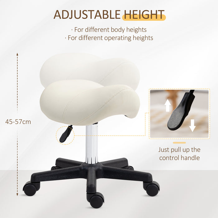 Adjustable White Saddle Stool - PU Leather, Steel Frame, Rolling Salon Chair for Massage, Spa, Beauty & Tattoo - Comfortable Seating for Professionals