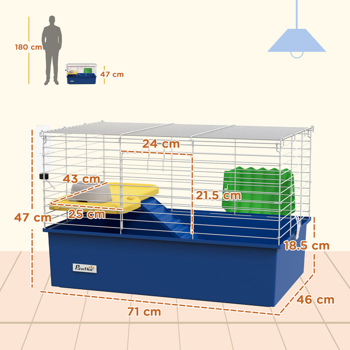 Small Animal Habitat for Chinchillas, Guinea Pigs, and Rabbits - Sturdy Pet Cage with Platform and Ramp, 71x46x47 cm, Vibrant Blue - Ideal Playhouse for Your Furry Friends