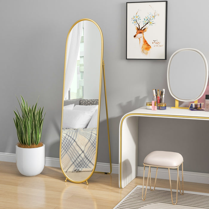 Full-Length Oval Mirror 40 x 160cm - Freestanding, Wall-Mounted, or Leaning Design with Support Frame - Elegant Gold Tone for Bedroom or Living Room Decor