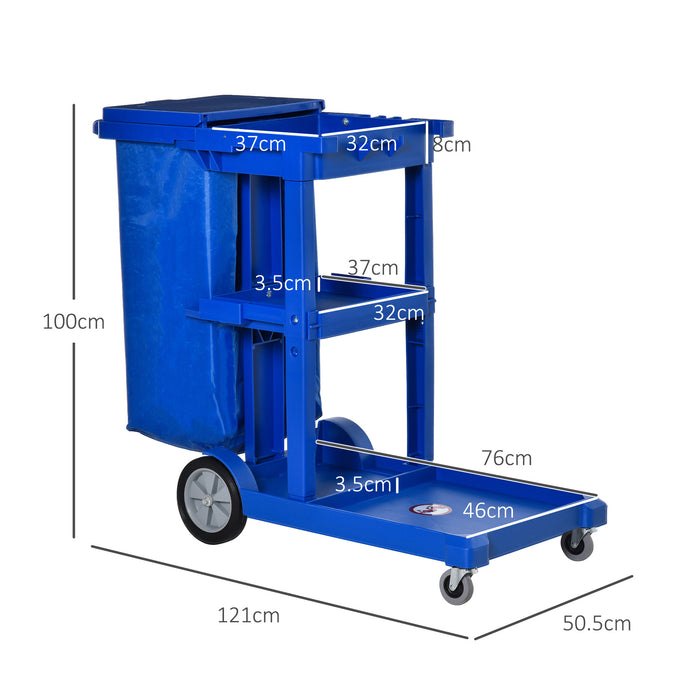 Janitorial Cleaning Cart with Wheels - 3-Tier Utility Trolley with Trash Bag and Mop Holder, Blue - Ideal for Hotel & Office Housekeeping