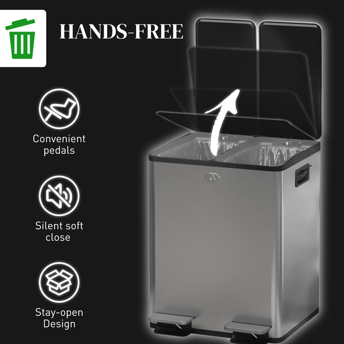 Dual 20L Pedal Bins - Steel Kitchen Trash and Recycling Combo with Soft-Close Lids & Fingerprint-Proof Finish - Ideal for Waste Management in Home or Office