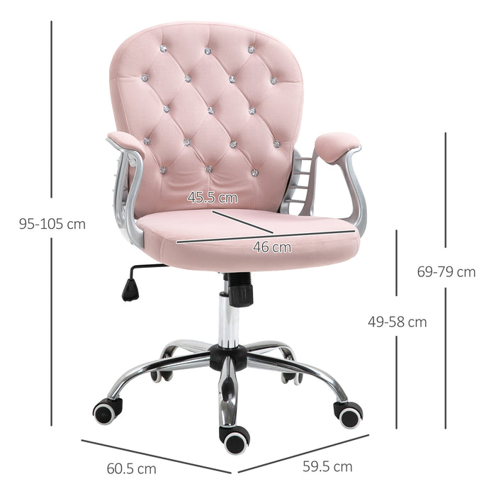 Ergonomic 360° Swivel Office Chair - Diamante Tufted Velour with Padded Base & 5 Castor Wheels in Pink - Perfect for Home Office Comfort & Style