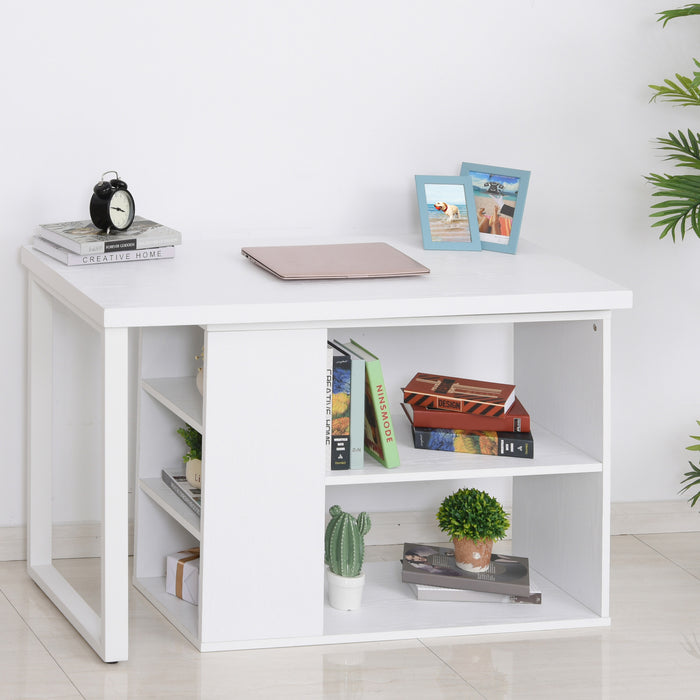 L-Shaped Corner Workstation - Rotating Storage Shelf and Large Computer Desk with White Wood Grain Finish - Ideal for Home Office and Efficient Space Use