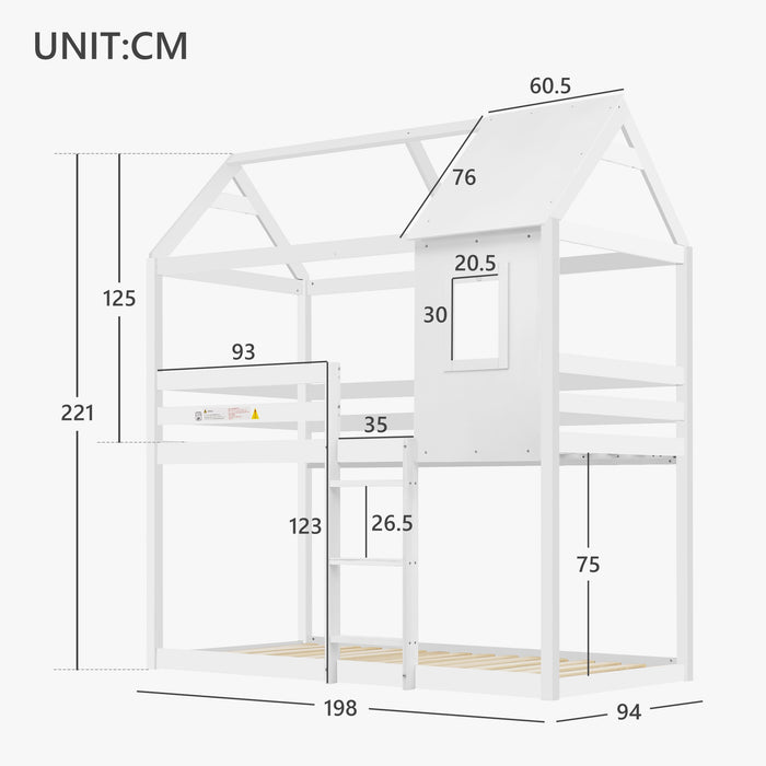 Convertible Twin Bunk Bed with Ladder and Window - Solid Pine Wood, Safety Certified Folding Sleeper, 198x94x221 cm in White - Perfect for Kids’ Bedroom Space Saving Furniture