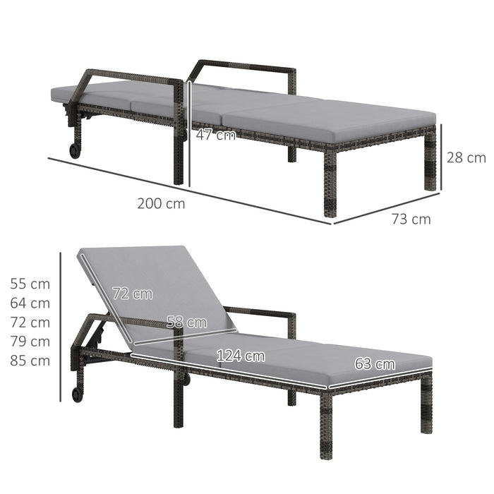 Outdoor Rattan Sun Lounger Pair - Wicker Chaise with 5-Level Backrest Adjustment and Wheels, Grey - Ideal for Patio Relaxation and Comfort