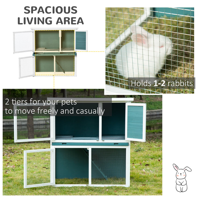 2 Tier Wooden Rabbit Hutch - Guinea Pig and Bunny Cage with Slide-out Tray, Outdoor Animal House - Ideal for Small Pets, 104x58x110cm, Green