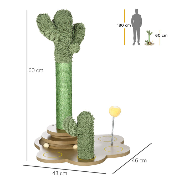 Cactus-Shaped Chenille Cat Tree 60cm - Activity Center with Sisal Scratching Post & Interactive Turntable Ball Toys - Perfect Play Structure for Energetic Cats