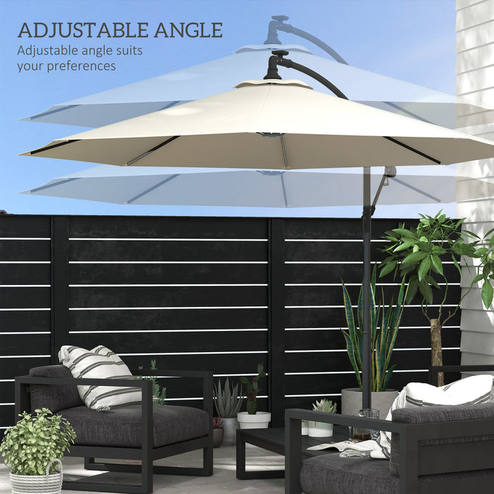 Solar LED Cantilever Parasol - 3m Hanging Garden Umbrella with Cross Base and Crank Handle, Beige Banana Sun Shade - Ideal for Outdoor Patio Use and Nighttime Ambiance