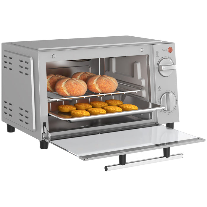 Mini Oven 9L Electric Grill - Countertop Toaster with Adjustable Temp, Timer, Baking Tray & Wire Rack, 750W in Silver - Compact Cooking Solution for Small Spaces & Quick Meals