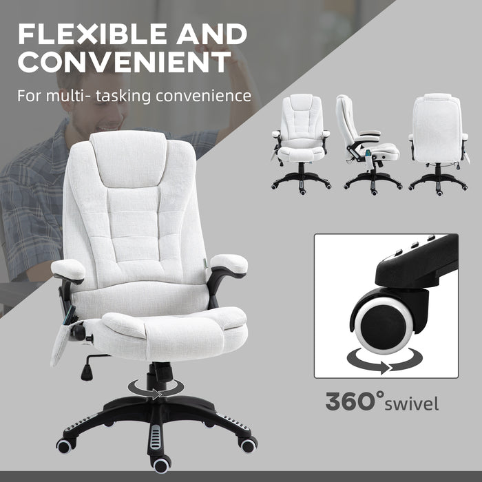 Heated Massage Recliner Chair with Linen Fabric - 6-Point Vibrating Office Chair with Swivel Casters - Comfort for Home and Office Use, Cream White