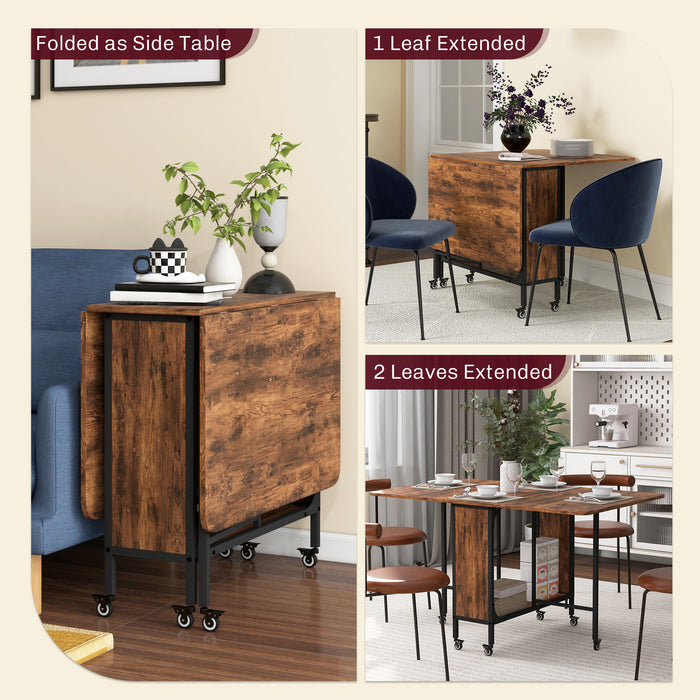 Mobile Drop Leaf Table - Versatile Foldable Kitchen and Dining Table with Storage, Extendable for Small Spaces - Equipped with 6 Wheels for Easy Movement, Rustic Brown Finish