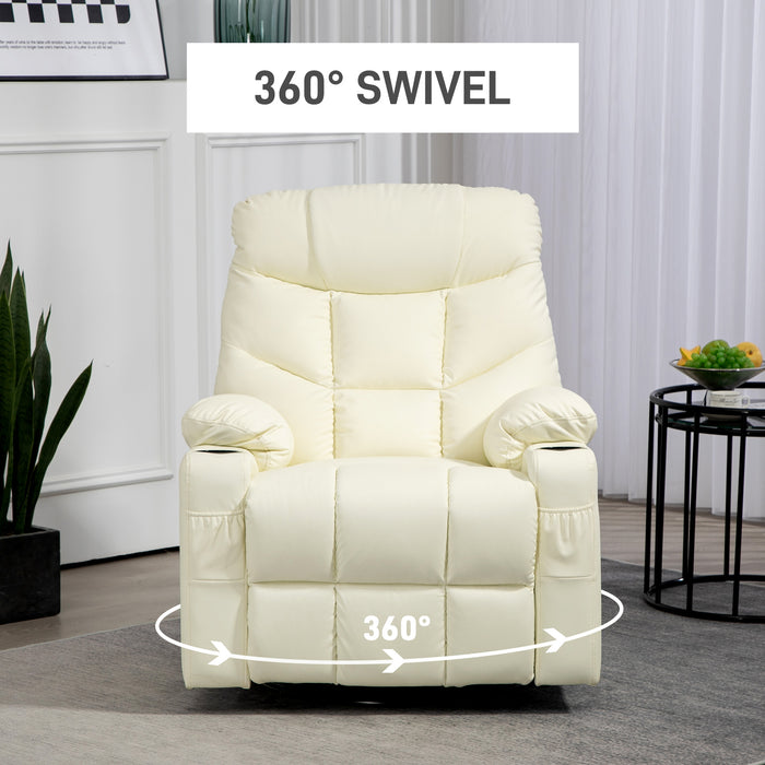 Manual Swivel Recliner Armchair - Comfortable Faux Leather with Footrest and Cup Holders - Ideal for Relaxation and Lounging, Cream, 86x93x102cm