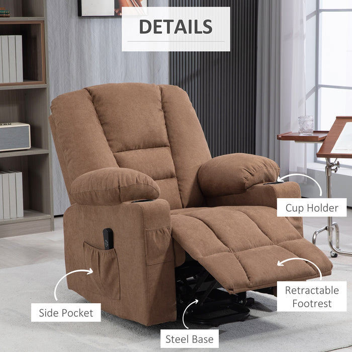 Extra Large Lift Recliner Chair with Remote - Fabric Upholstered, Side Pockets, Cup Holder for Living Room Comfort - Ideal for Elderly, Mobility Assistance Brown Chair