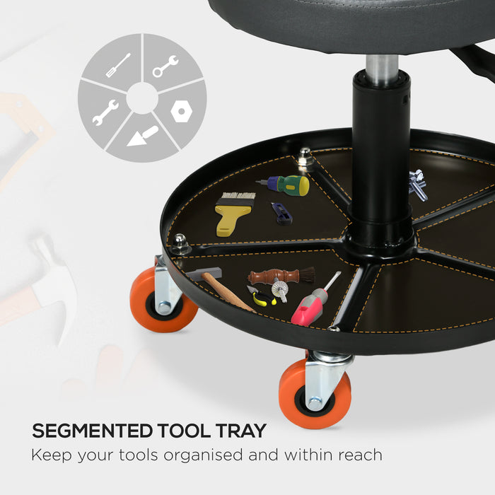 Pneumatic Workshop Stool with Adjustable Height - Rolling Mechanic Chair with Swivel Padded Seat & Tool Tray - Ideal for Garage, Workshop, & Auto Repair Comfort