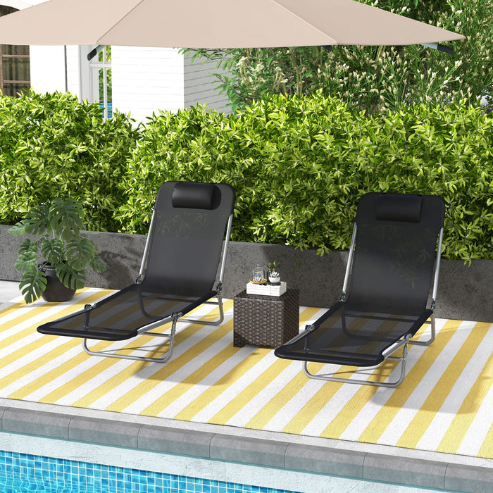 Steel Frame Sun Loungers Set of 2 - Reclining Back Adjustable Garden Chairs, Black - Ideal for Patio Relaxation and Sunbathing