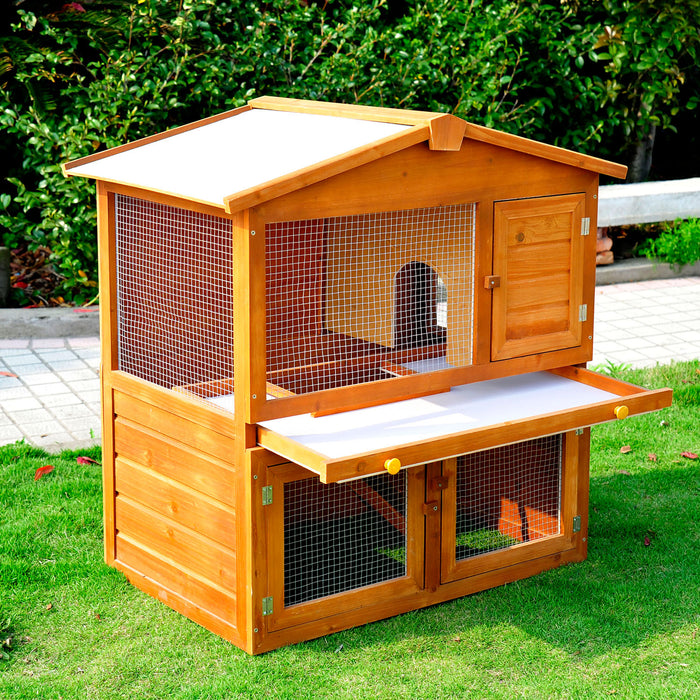 2-Tier Wooden Rabbit Hutch with Run Ramp - Spacious Guinea Pig & Ferret Cage Coop with Sliding Tray, 94x97x61cm - Ideal Pet Shelter for Bunnies and Small Animals