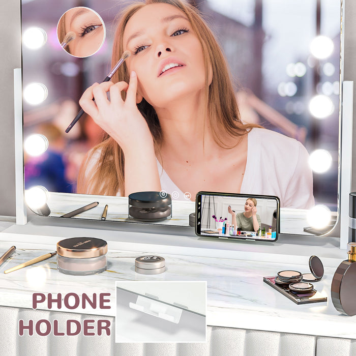 Large Hollywood Vanity Mirror with LED Lights - 63x50 cm Lighted Makeup Mirror, 3 Colour Modes, 14 Bulbs, Touch Control - Includes 10X Magnifying, USB Port, Phone Holder, 360° Swivel Function