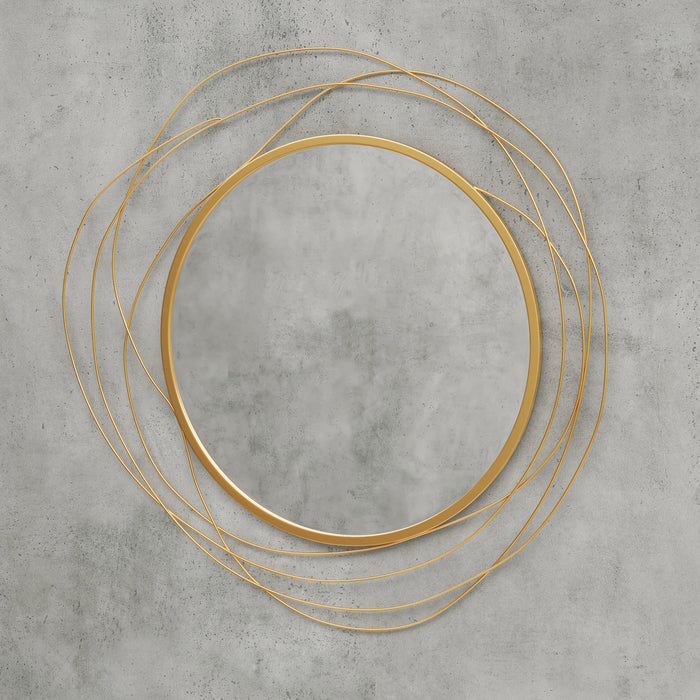 Gold Tone Abstract Metal Wire Wall Mirror - Elegant Circular Accent with Hanging Accessories - Ideal Home Decor for Modern Interiors