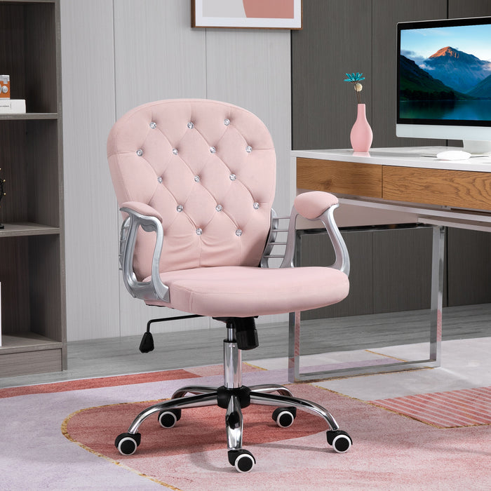 Ergonomic 360° Swivel Office Chair - Diamante Tufted Velour with Padded Base & 5 Castor Wheels in Pink - Perfect for Home Office Comfort & Style