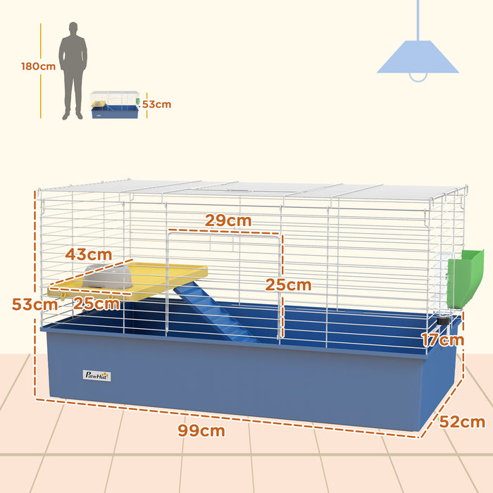 Small Animal Habitat - Chinchilla, Guinea Pig & Small Rabbit Cage with Platform and Ramp - 99x52x53cm Pet Playhouse in Blue