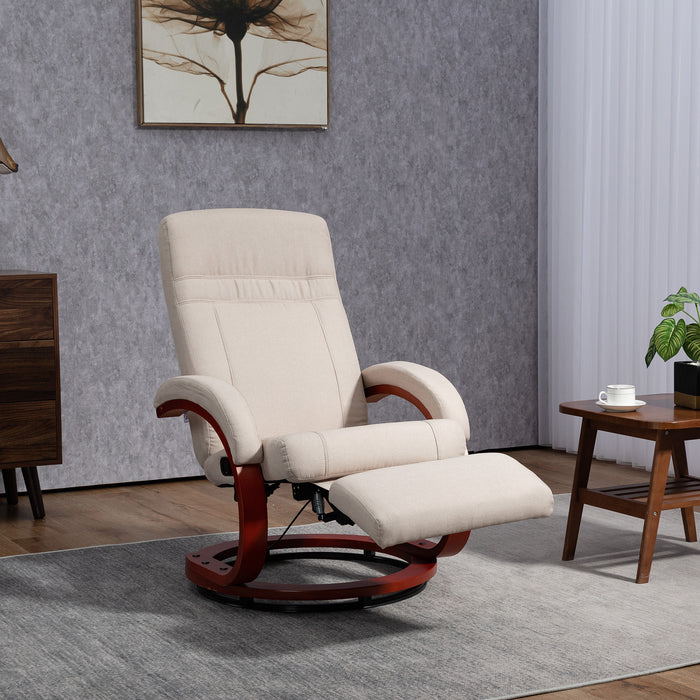 Swivel Recliner Chair with Wood Base - Extended Footrest, Manual Recline for Comfort, Beige - Ideal for Living Room or Bedroom Relaxation