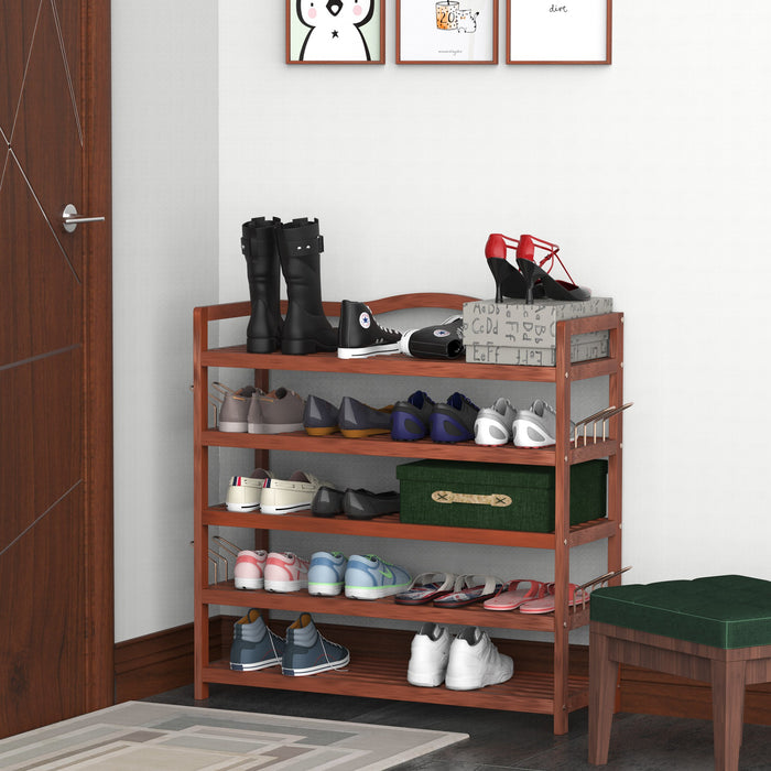 5-Tier Acacia Wooden Shoe Rack - Entryway and Living Room Shoe Storage Organizer with Hangers, 84 x 26 x 82 cm, Teak Finish - Accommodates Up to 24 Pairs of Shoes