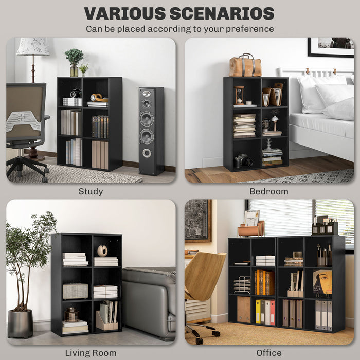 Six-Cube Organizer Shelf - Sleek Black Wood Finish Bookcase - Space-Saving Storage Solution for Home and Office