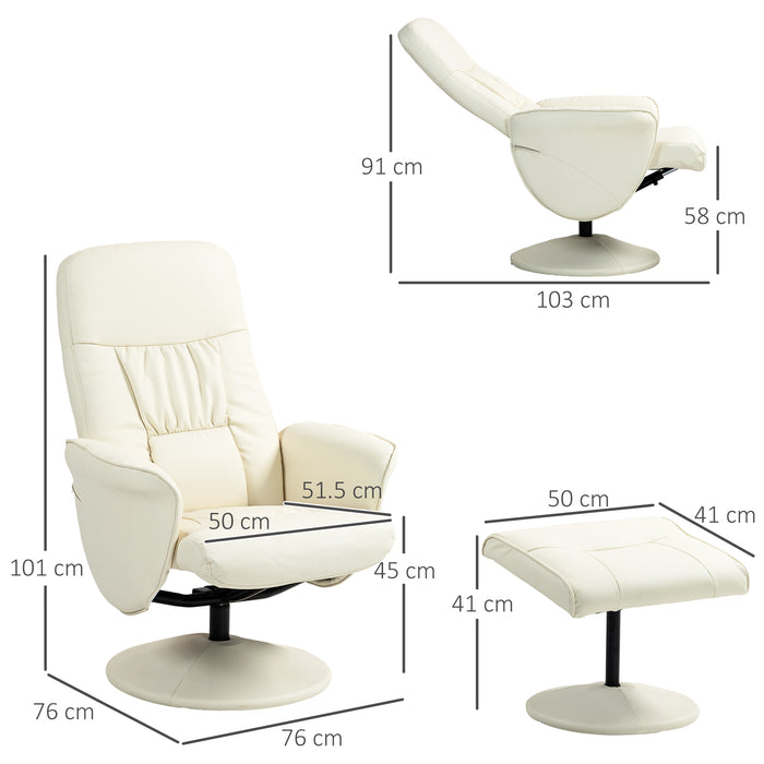 Swivel Recliner Chair & Ottoman Set - High Back PU Leather Lounge Armchair with Round Base - Comfortable Seating for Living Room, Cream White