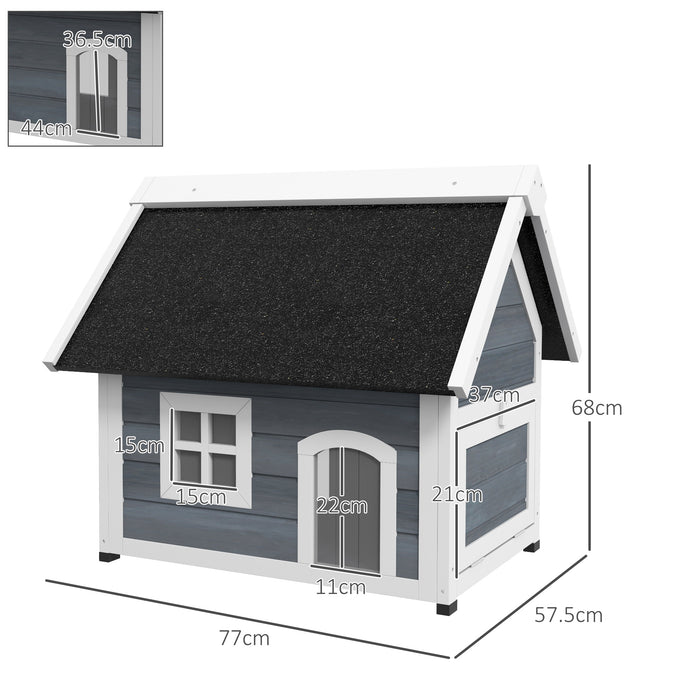 Wooden Feral Cat Shelter with Waterproof Asphalt Roof - Tri-Door Outdoor Cat Hideaway House, 77x57.5x68cm, Grey - Ideal for Stray & Feral Cats Sanctuary