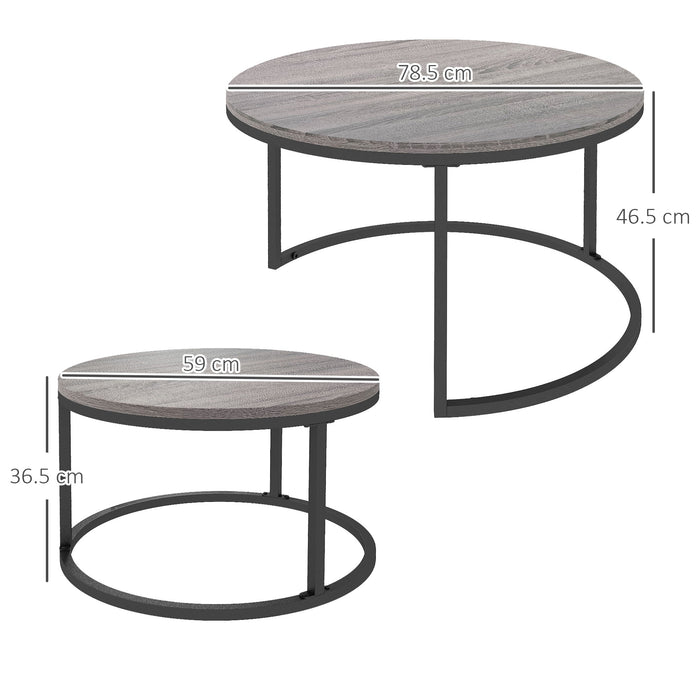 Industrial Nesting Coffee Table Duo - Wood Effect Top with Sturdy Steel Frame, Round Accent Tables - Ideal for Living Room Space Saving & Decor