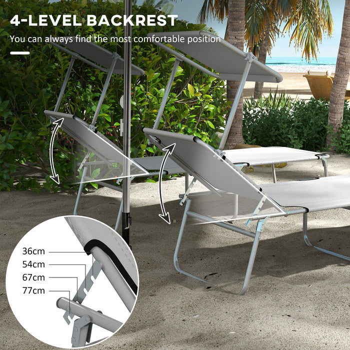 Foldable Sun Lounger Duo Pack with 4-Level Adjustable Backrest - Reclining Chairs with Angle-Adjustable Sun Shade - Perfect for Beach, Garden, Patio in Light Grey