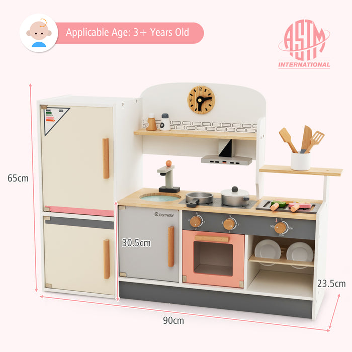 Wooden Pretend Kids Play Kitchen Set with Realistic Range Hood