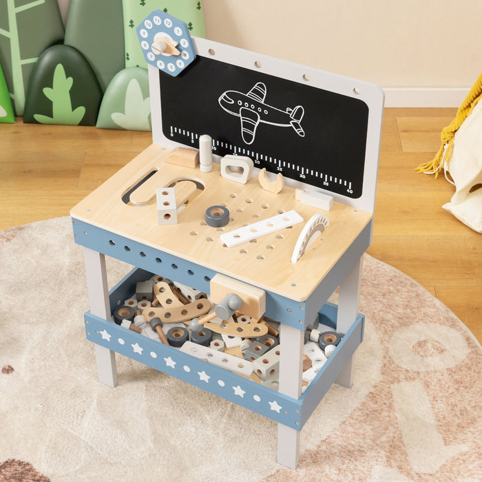 Children's Woodcraft Workshop - Play Workbench with Integrated Blackboard and Toy Tools Kit - Ideal for Little Craftsmen and Imaginative Play