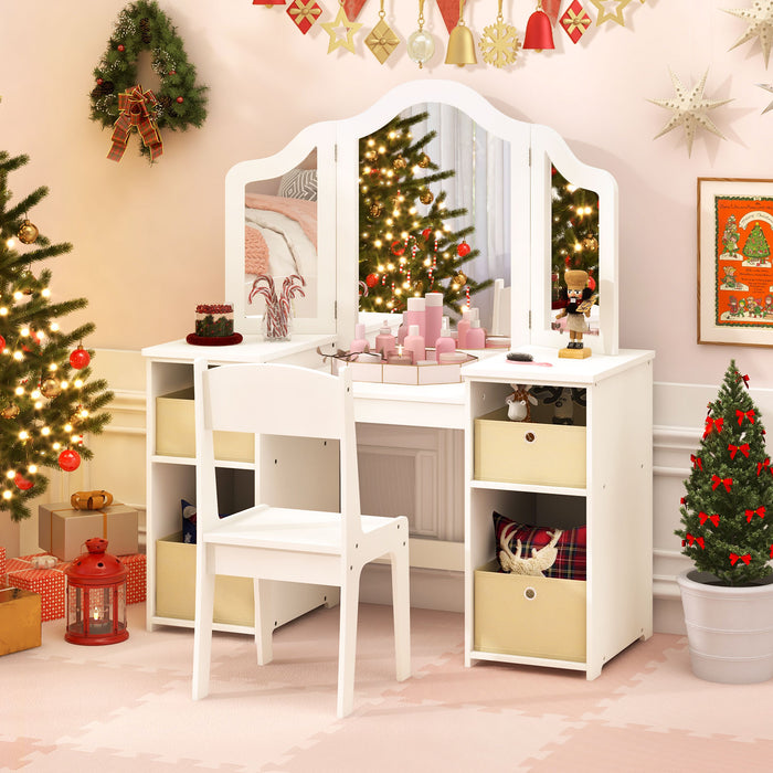 Kids Vanity Table and Chair Set with 3 Removable Mirrors and 4 Storage Bins for Children-